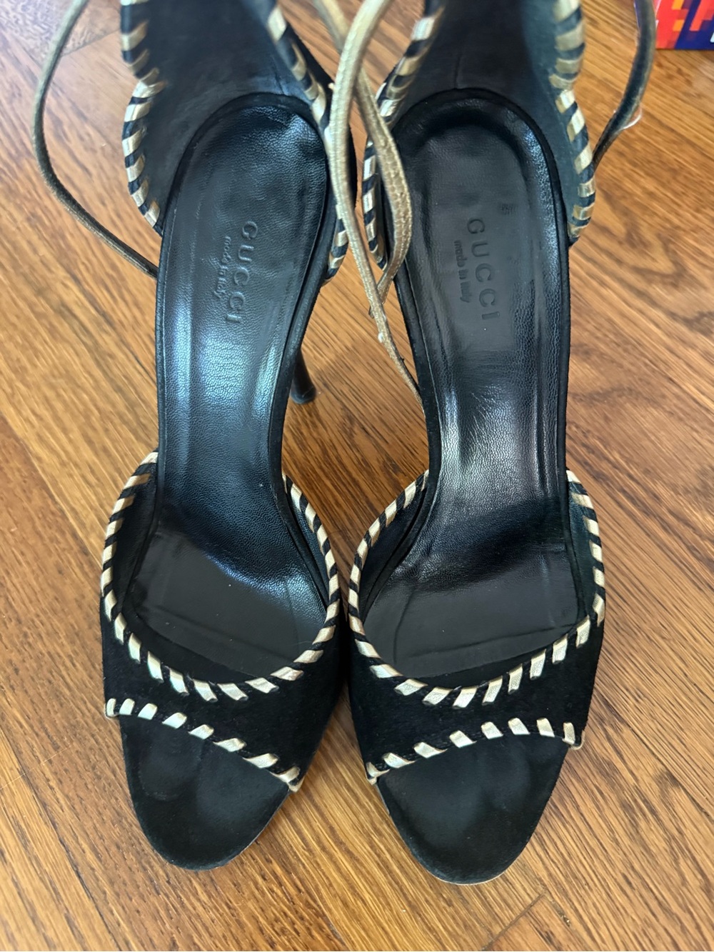 Gucci Black Suede Open-Toe Heels with Cream Braided Trim